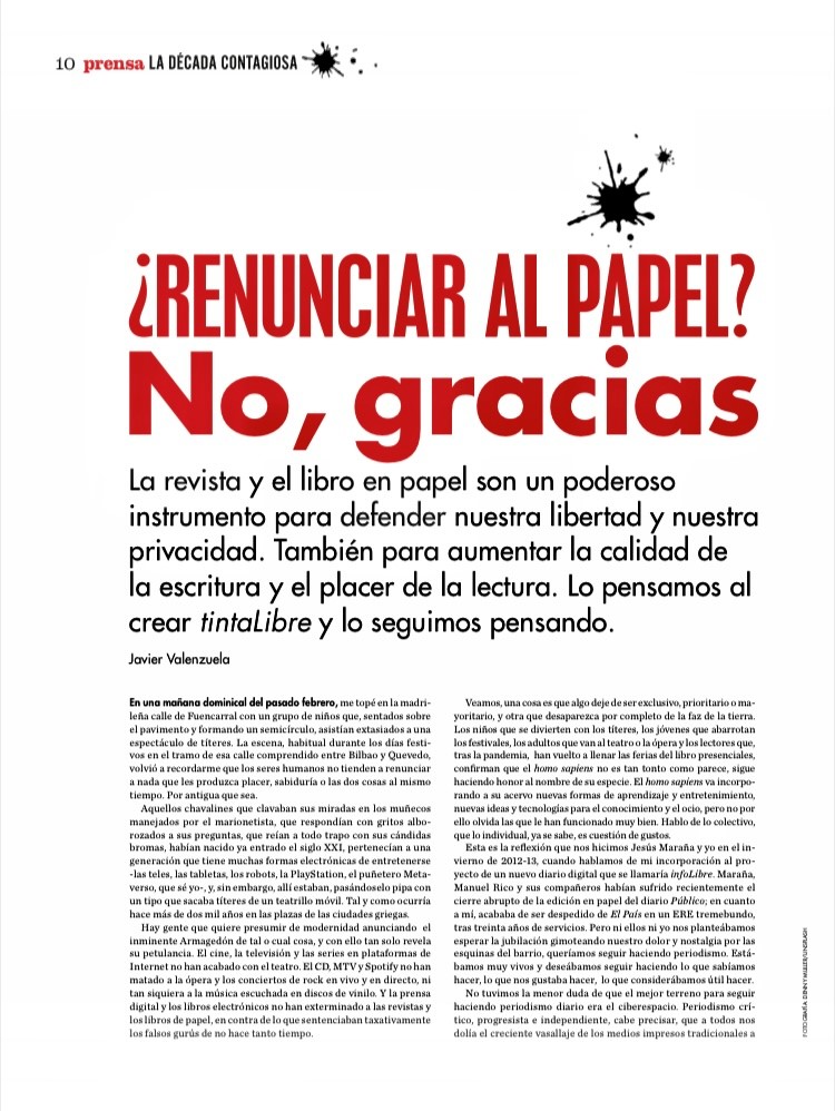 ¿Renunciar al papel? No, gracias. Por Javier Valenzuela. tintaLibre de marzo 2022